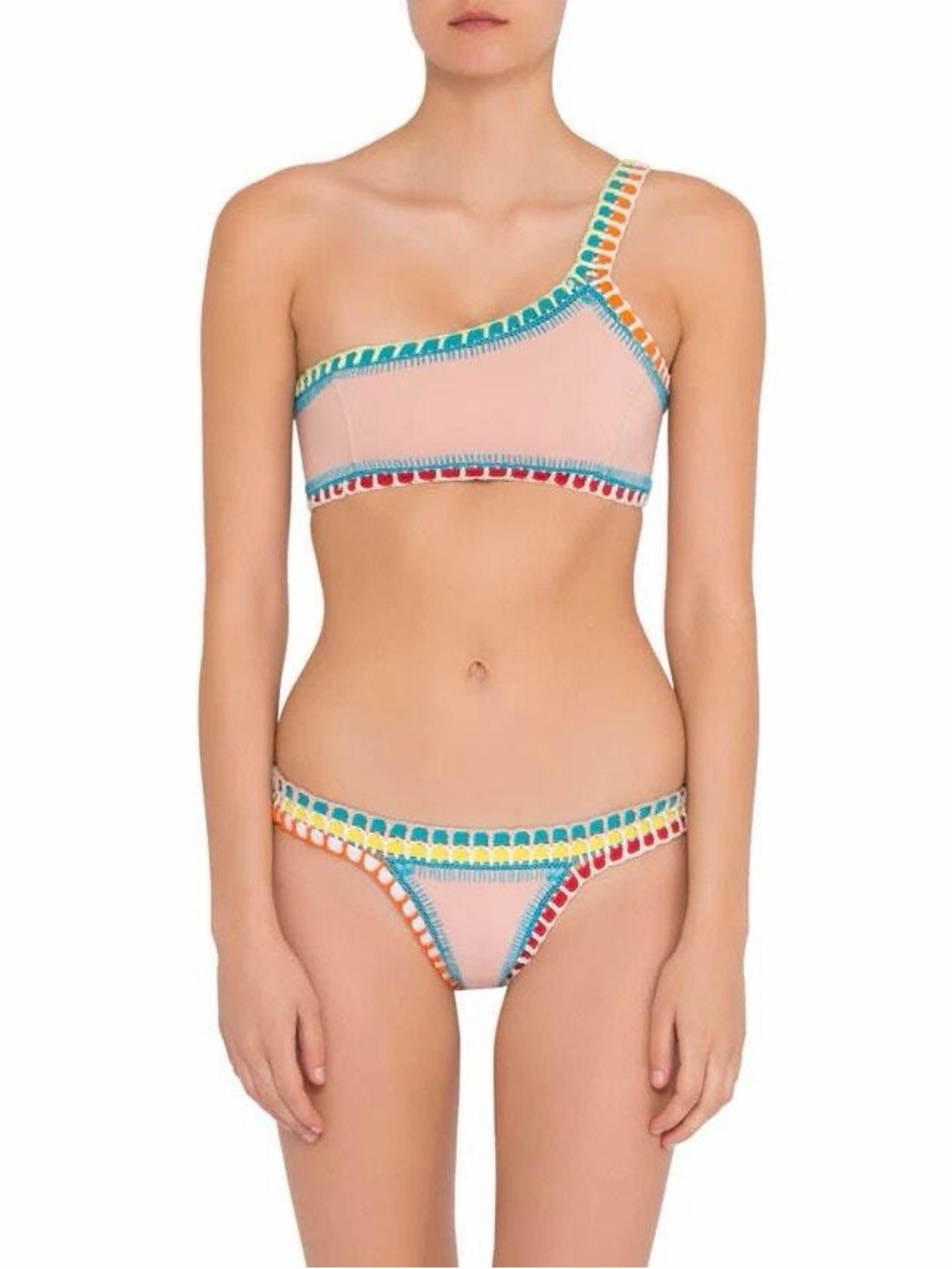 NWT Kiini Luna Bikini Woven Crochet One Shoulder Two Piece Nude Multicolor